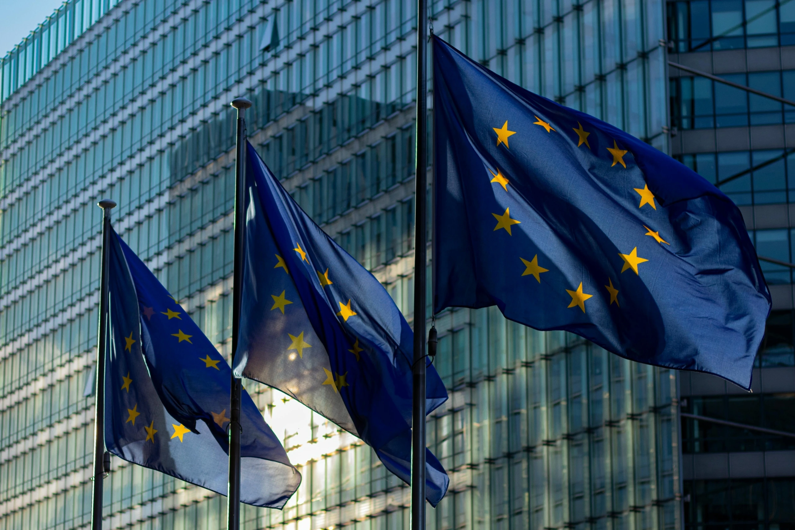 European Union flags in front of a modern glass building