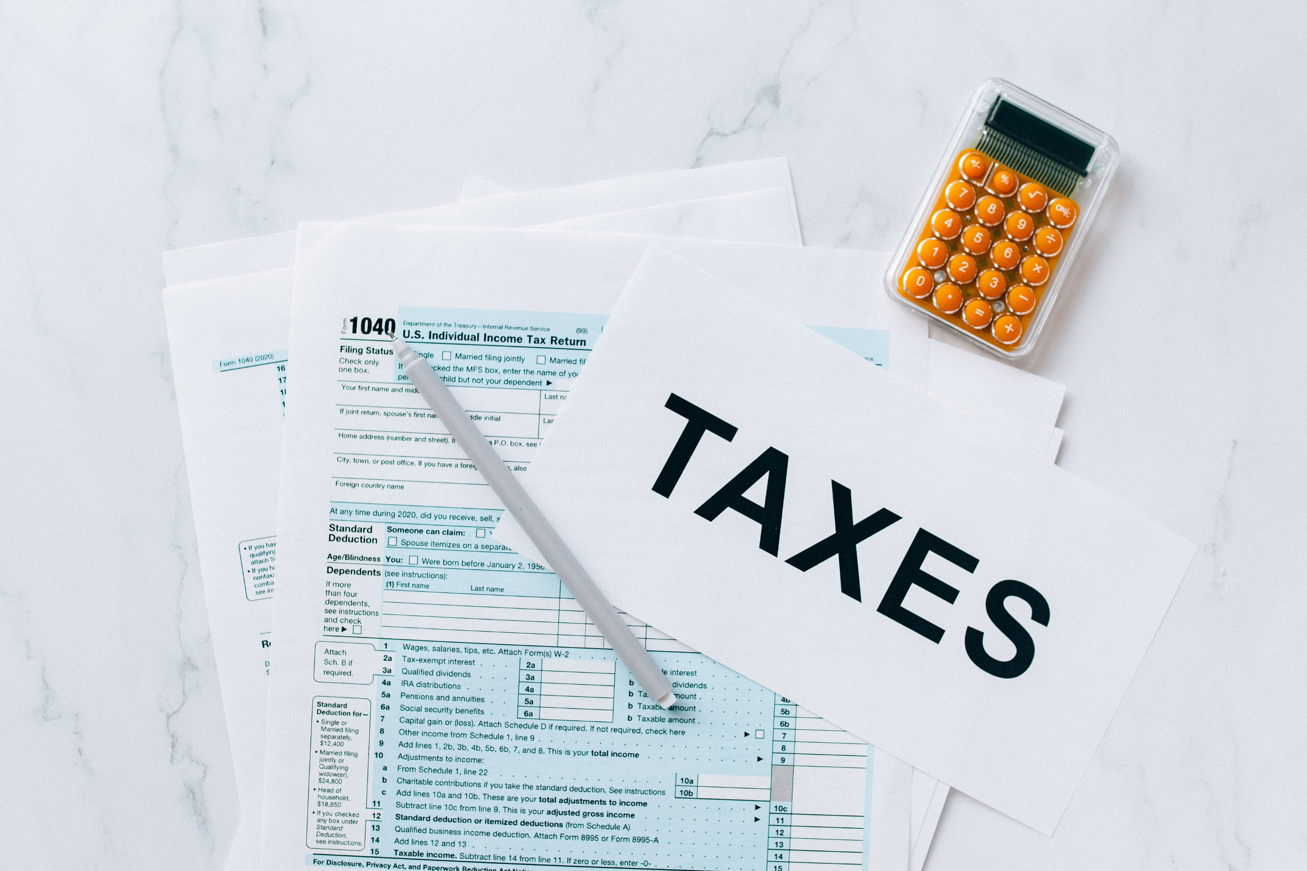 Tax documents and a calculator