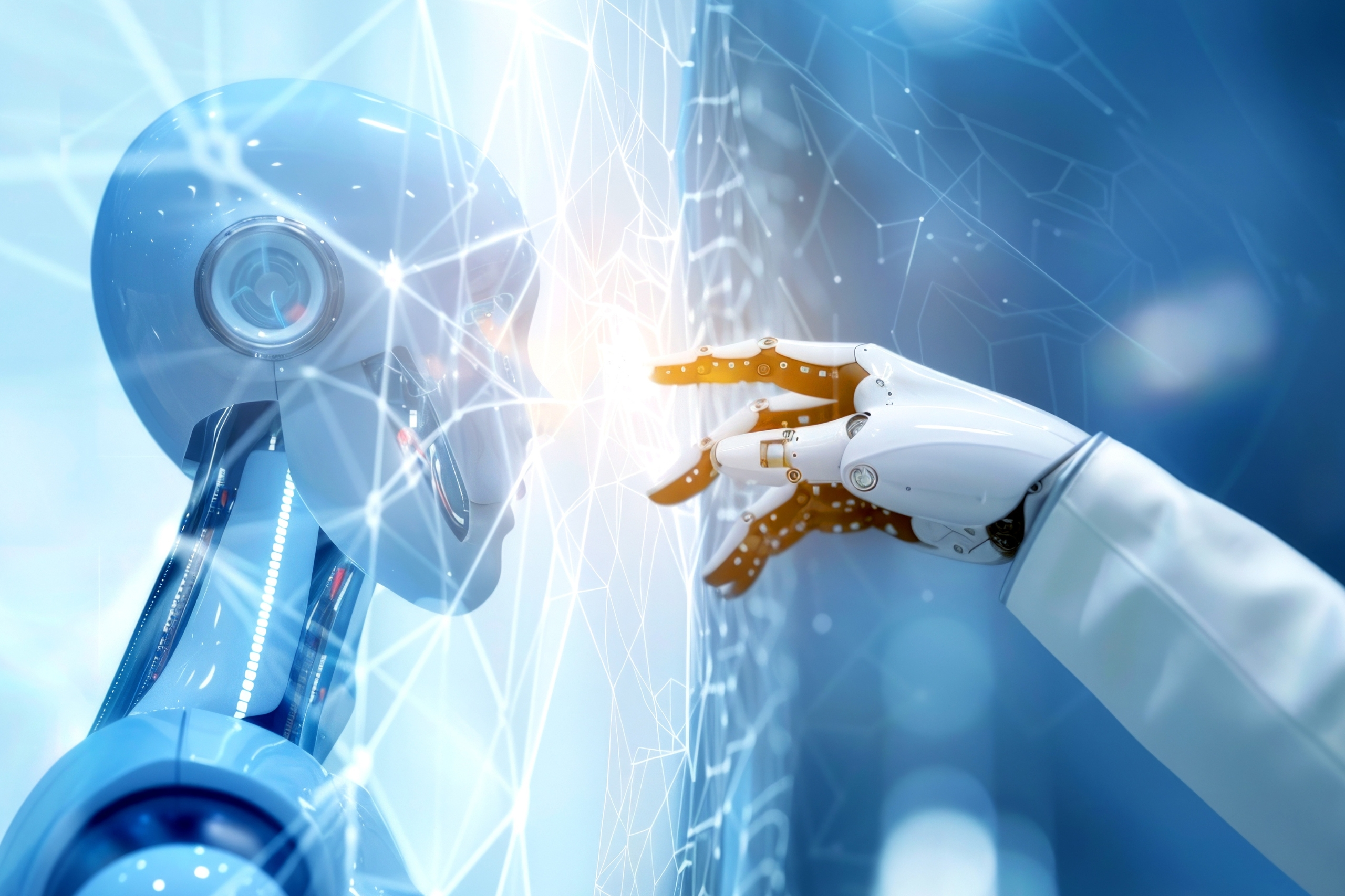 Robot and human hand touching with a digital background